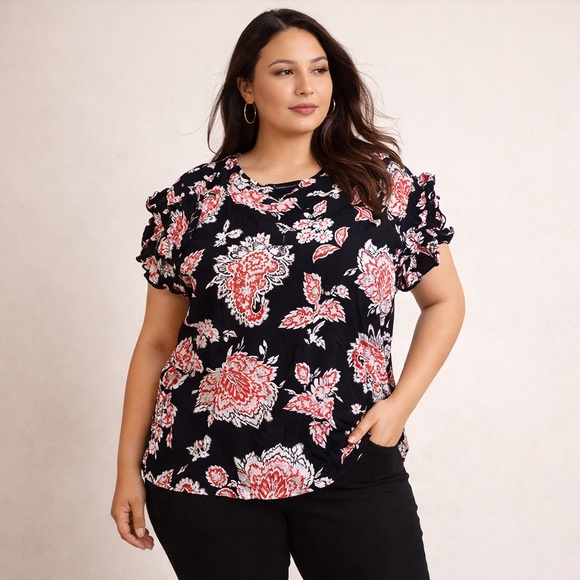 Lane Bryant Floral Blouse Size 20 Black Red White Paisley Short Sleeve Top - Picture 2 of 10